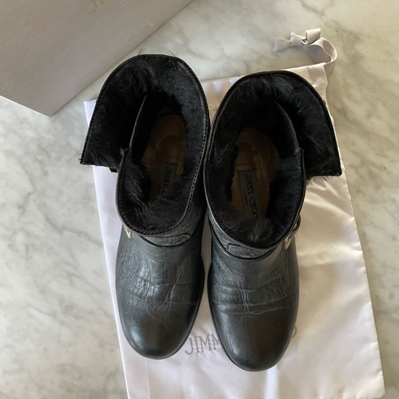 JIMMY CHOO Black Leather Combat Fur Lined Biker Boots 37 Worn Twice! - Picture 4 of 7